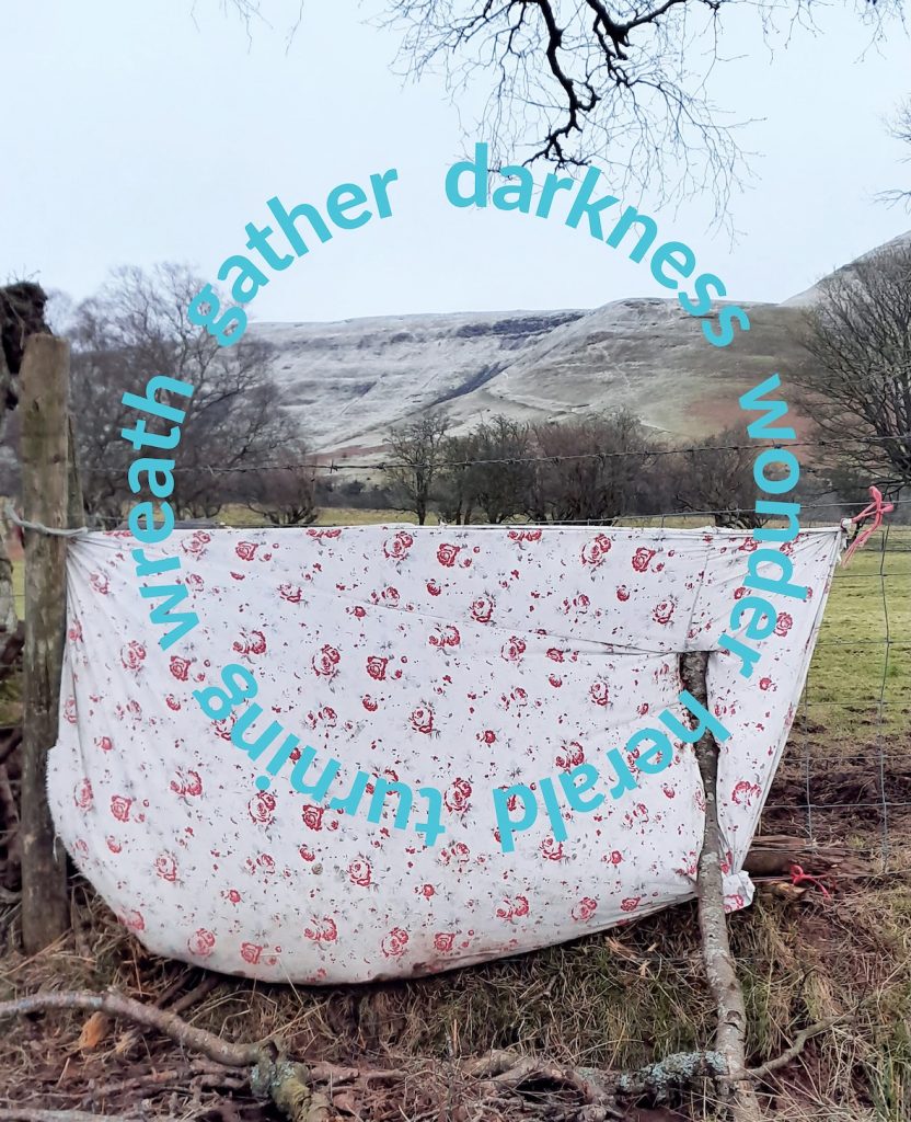an image of a flower pattern sheet filling a gap in a wire fence against a wintry landscape of hills and trees, overlaid with a circle of words in pale blue reading: wreath gather darkness wonder herald turning.